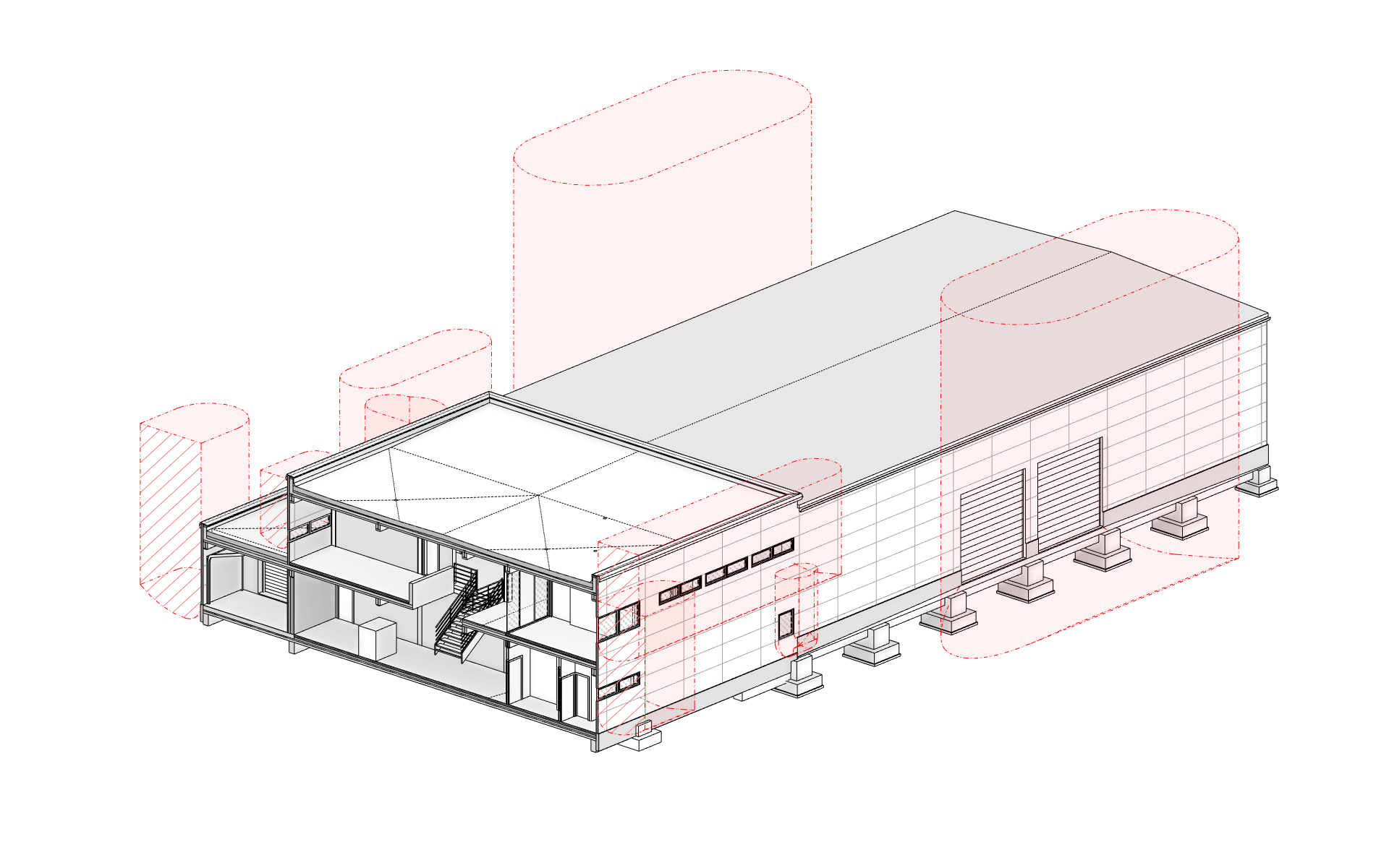 Odstupové vzdálenosti a požárně nebezpečné prostory – BIM model halové budovy 3D řez modelem halové administrativní budovy s vyznačenými požárně nebezpečnými prostory a odstupovými vzdálenostmi.