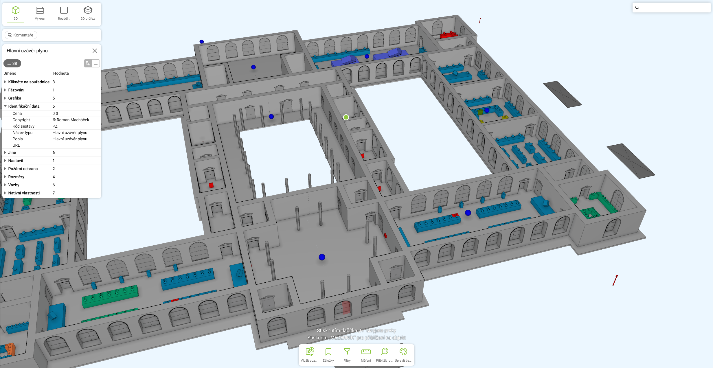 Hlavní uzávěr plynu ve 3D BIM modelu – digitální požární dokumentace 3D model budovy se zobrazením hlavního uzávěru plynu a detailními parametry v BIM prohlížeči.
