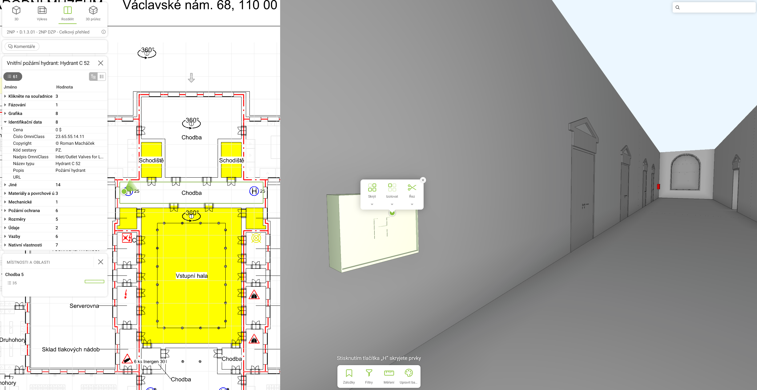 BIM model historické budovy s vnitřním požárním hydrantem a digitální požární dokumentací včetně 2D a 3D zobrazení.