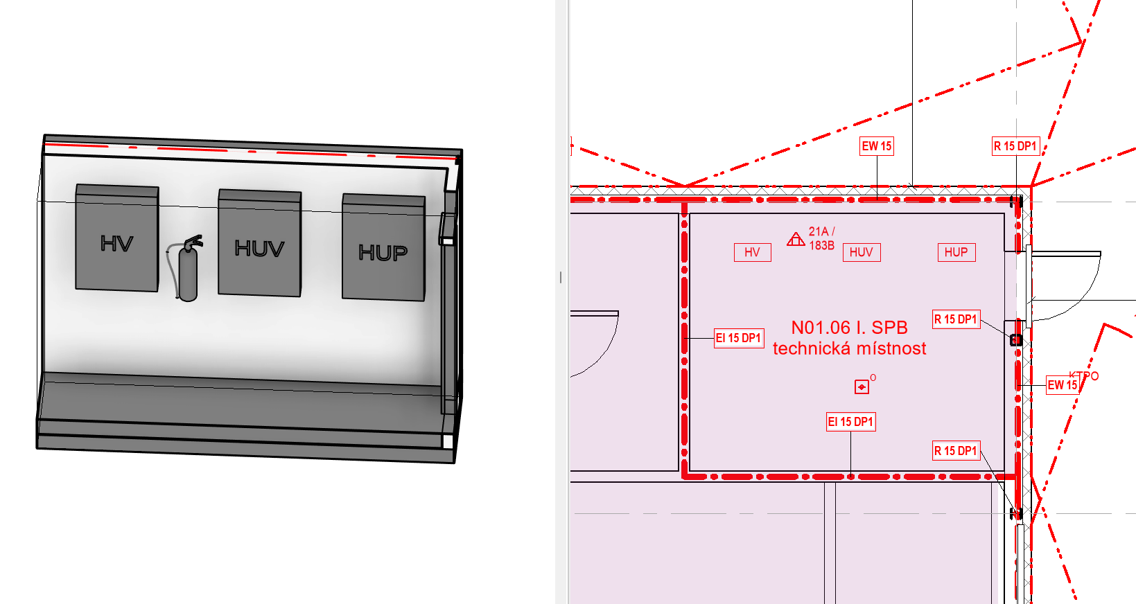 BIM model technické místnosti s hlavními uzávěry HV, HUV, HUP a přenosným hasicím přístrojem – značení požární odolnosti ve výkresu.