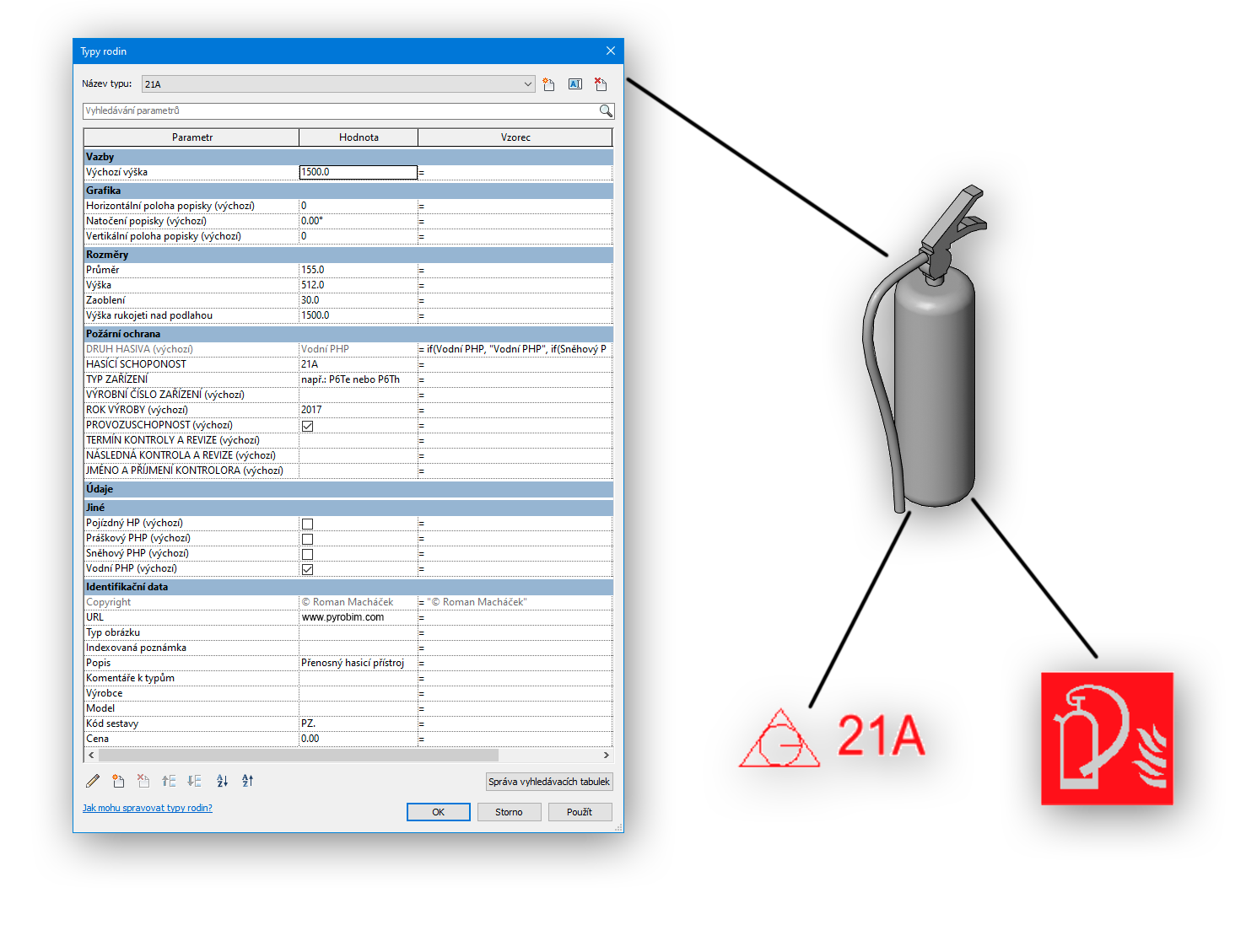 Přenosný hasicí přístroj PHP 21A – parametry a značení v BIM prostředí Parametry hasicího přístroje PHP 21A v BIM modelu – vlastnosti a symboly v Revitu.