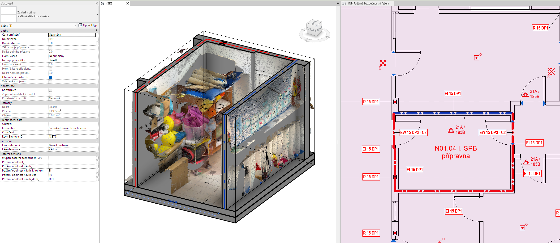 Požárně dělící konstrukce v BIM modelu s parametry požární odolnosti, vizualizace průzkumu místnosti a značení v půdorysu.