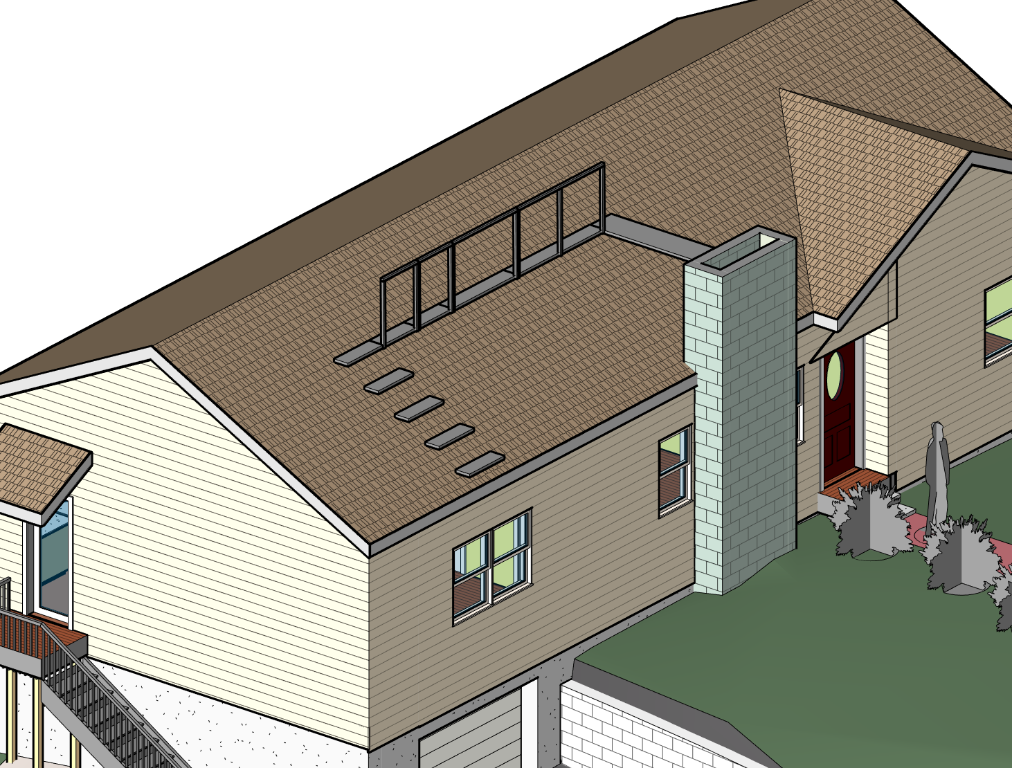 3D BIM model rodinného domu s členitou sedlovou střechou a střešními otvory pro přirozené odvětrání.