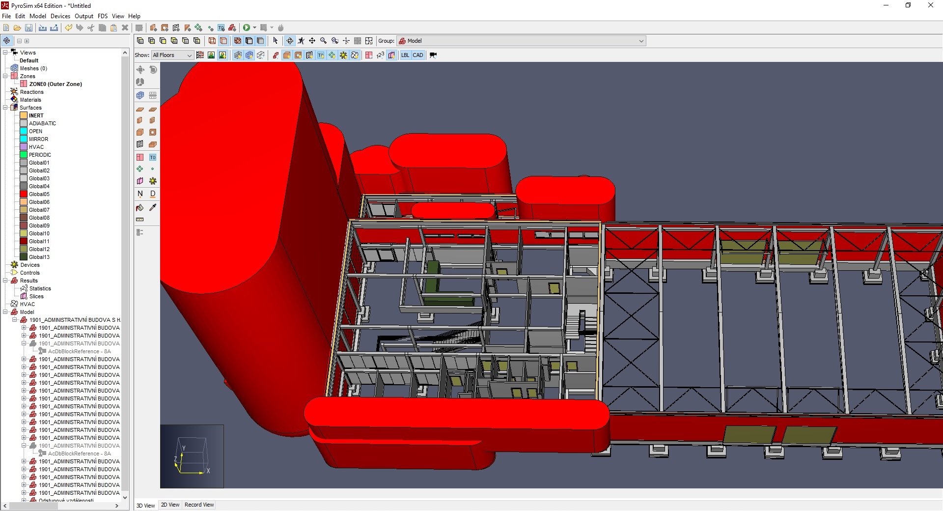 BIM model v PyroSim pro simulaci požáru – vizualizace zón a PNP BIM model budovy v softwaru PyroSim s vyznačenými požárně nebezpečnými prostory pro požární simulaci.